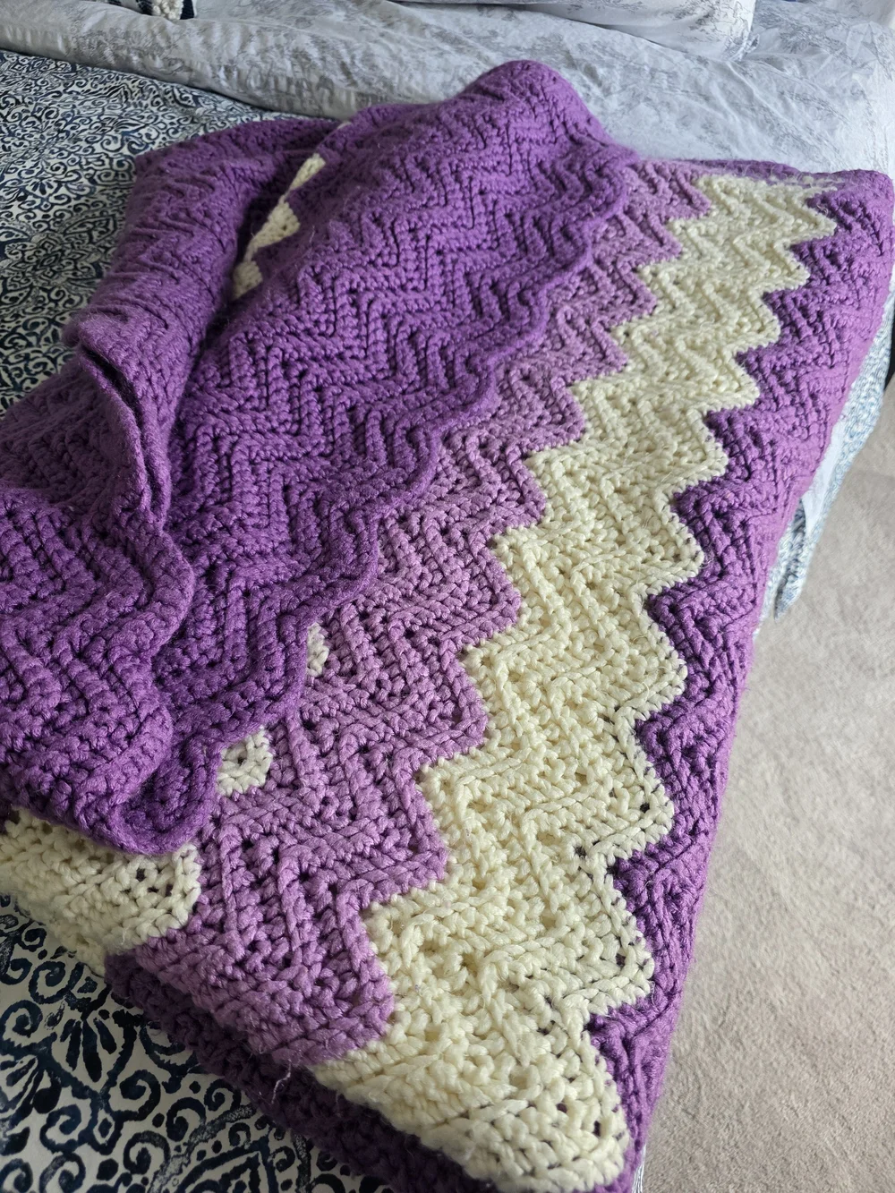 Handmade Purple and Cream Chevron Crochet Afghan